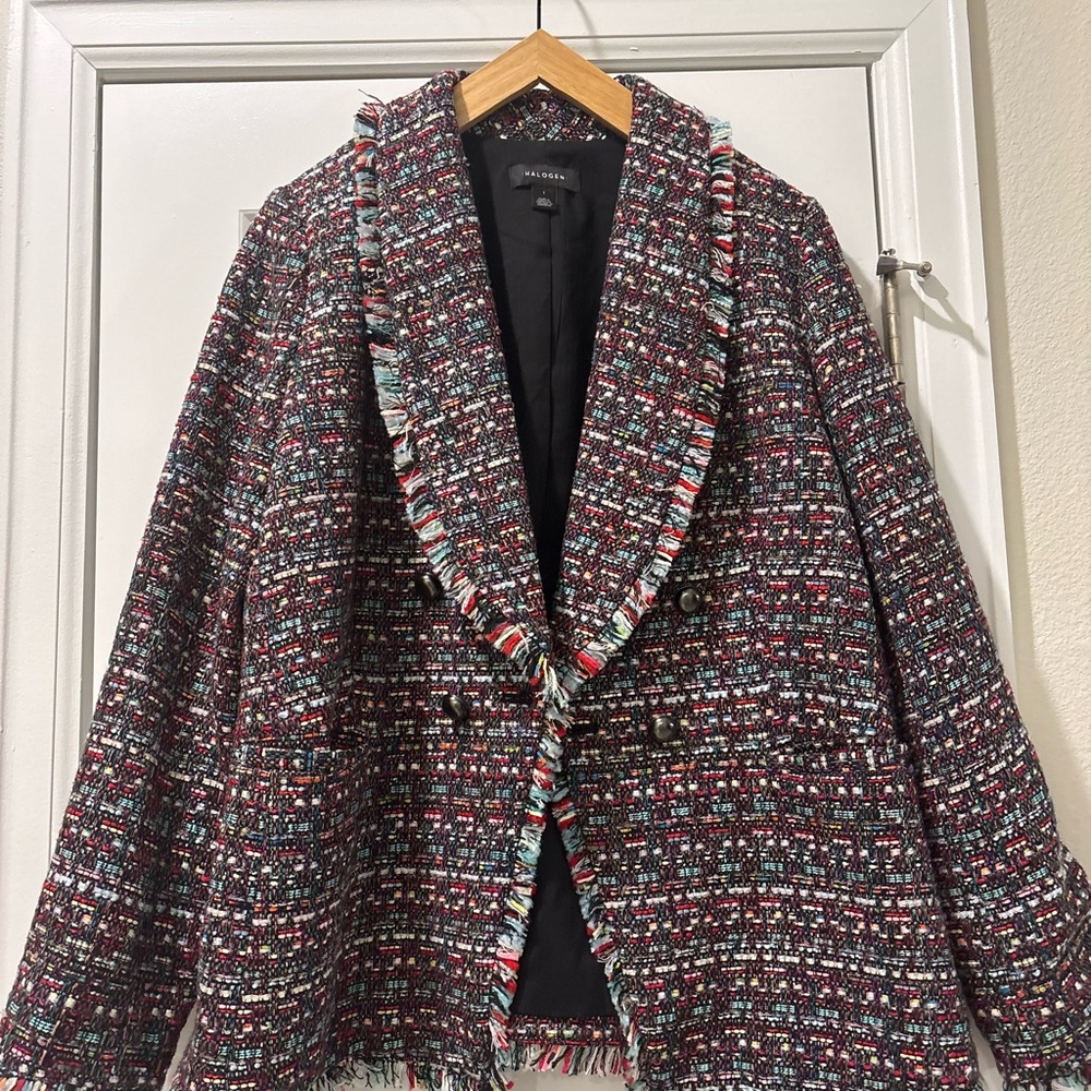 Halogen Black Multicolor Tweed Shawl Collar Fringed Jacket Blazer NWT Size Large - Picture 2 of 5